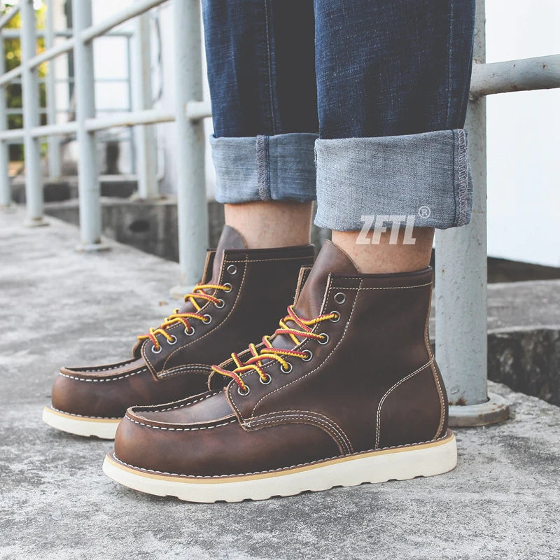 ZFTL Men's Ankle Boots American retro tooling boots Casual Crazy Horse Leather Men's Boots Vintage Man Lace up Boots 2025