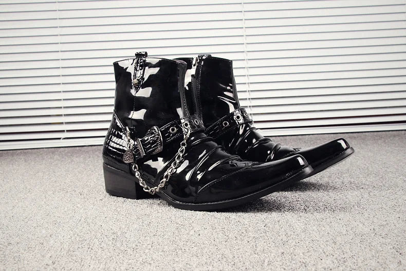 Korean style men's luxury fashion punk motorcycle boots patent leather shoes pointed toe oxfords shoe black ankle bota masculina