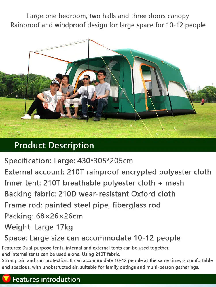 Outdoor Double Deck Two Bedrooms And Four Seasons Camping Waterproof Tent 8-12 People Picnic Large Space Camping Tent