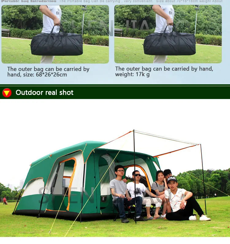 Outdoor Double Deck Two Bedrooms And Four Seasons Camping Waterproof Tent 8-12 People Picnic Large Space Camping Tent