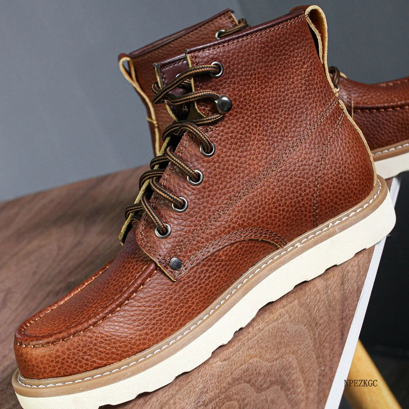 Handmade Men Boots Vintage Casual Autumn Winter Cow Leather Shoes British Ankle Boots Wings Motorcycle Boots Zapatos Hombre