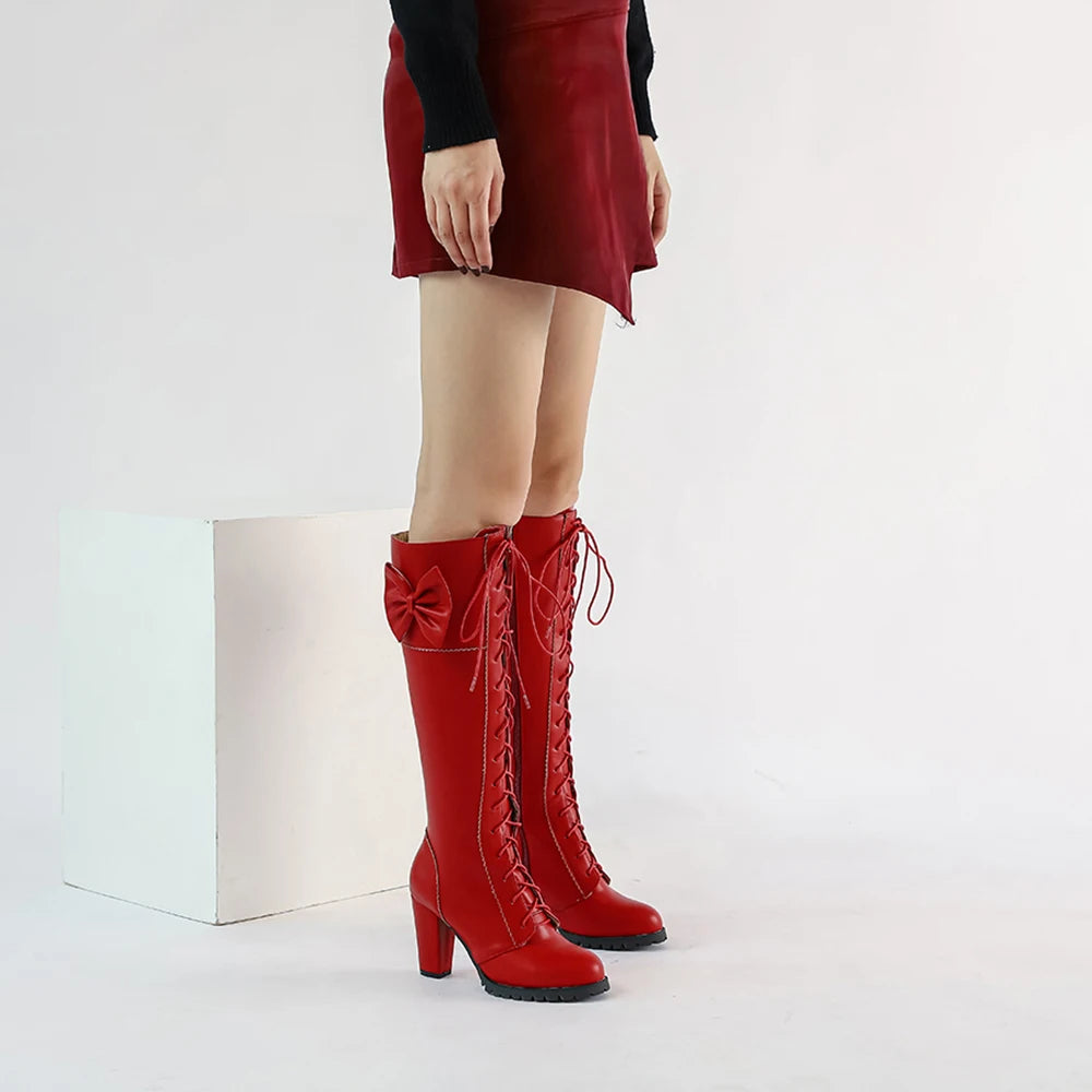 Winter Sweet Women Knee High Boots PU Leather Round Toe 7cm High Block Heels Bowtie Lace-up Lolita Lady Zipper Long Riding Boots