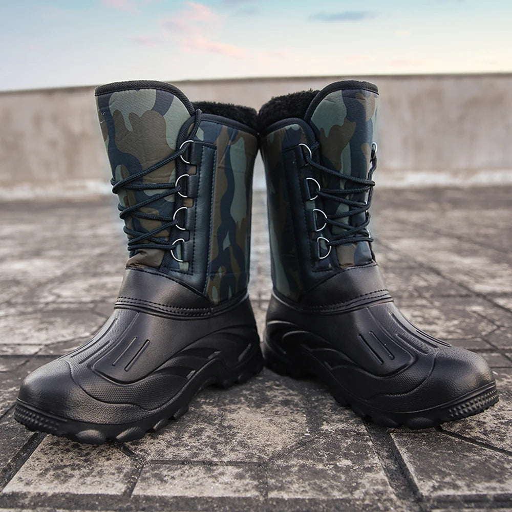 New Winter Camouflage Snow Men Boots Rain Shoes Outdoor Waterproof With Fur Plush Warm Male Casual Mid-Calf Work Motorcycle Boot