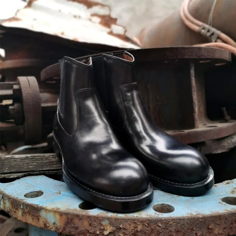Classic Chelsea Boots Men Handmade Slip-On Round Toe Motorcycle Boots Cowhide Genuine Leather High Top Shoes Cowboy Boots