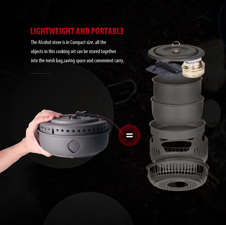 ALOCS CW-C05 Set of 10 Pieces Outdoor Camping Cooking Set Utensil Alcohol Stove Spirit Burner Cooker Pot Frying Pan Windshield