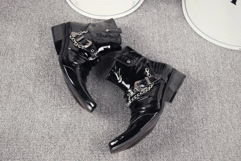 Korean style men's luxury fashion punk motorcycle boots patent leather shoes pointed toe oxfords shoe black ankle bota masculina