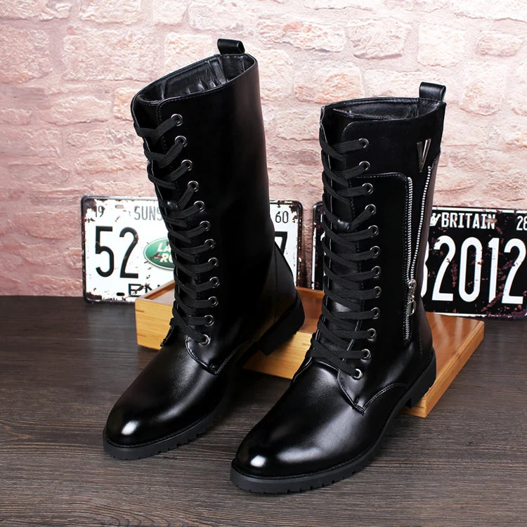 British fashion motorcycle boots for men genuine leather shoes cowboy high boot lace-up long botas masculinas zapatos de hombre