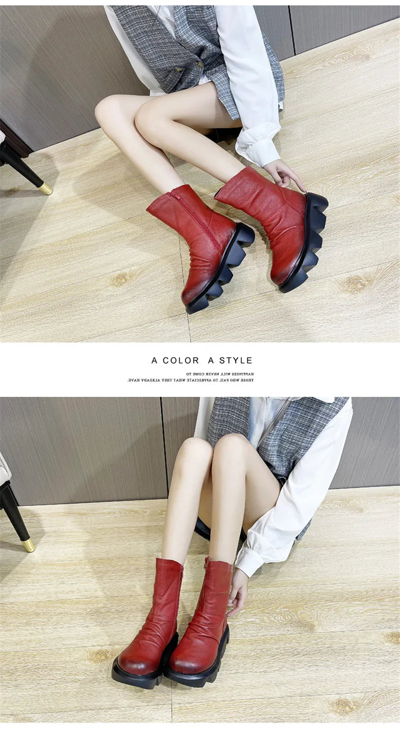 BEYARNE Ankle Boots Women Genuine Cow Leather Platform Bootie Side Zipper Soft Comfortable Autumn Winter Ladies Shoes Handmade