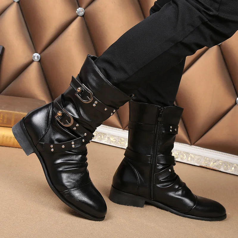 mens casual steampunk motorcycle mid-calf long boots buckle cow leather shoes youth high boot outdoors botas militares sapatos