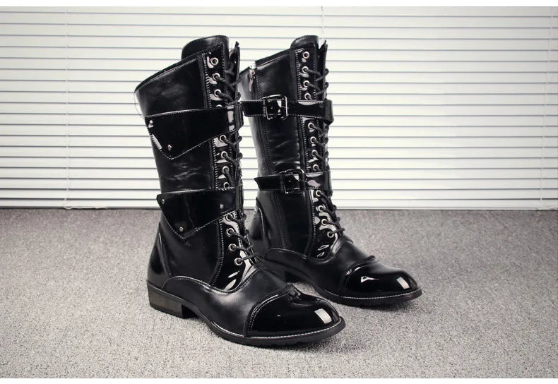 British style mens fashion party nightclub motorcycle boots black genuine leather shoes personality high boot long botas hombre