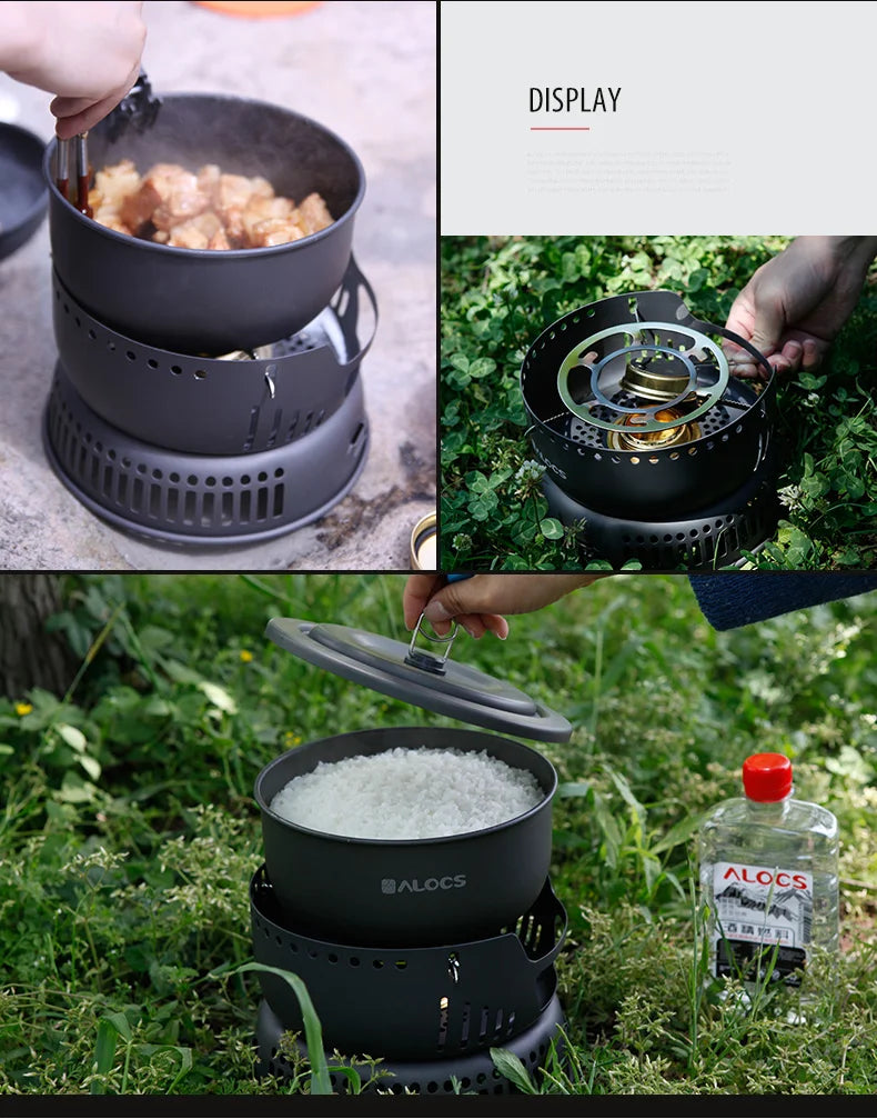 ALOCS CW-C05 Set of 10 Pieces Outdoor Camping Cooking Set Utensil Alcohol Stove Spirit Burner Cooker Pot Frying Pan Windshield