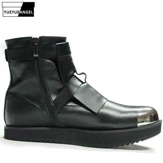 Mens Winter Med Heels Steel Toe Ankle Boots Motor Biker  Shoes Straps Nature Leather Runway Male High Top Platform Shoes