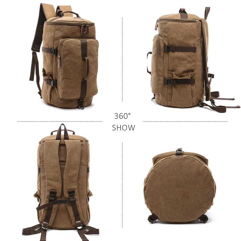 Large Men Cylinder Backpacks Canvas Luggage Shoulder Bags Duffle Hiking Camping Hunting Rucksack Travel Climbing Mountain Bags
