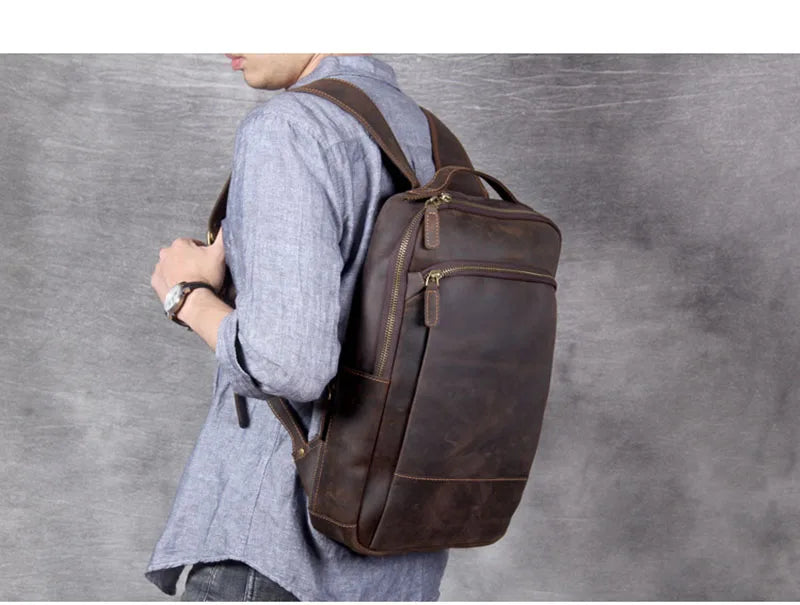Vintage Crazy Horse Genuine Leather Backpack Men Backpack Laptop Leather Daily Bagpack Male Rucksack Trave Hiking Knapsack Large