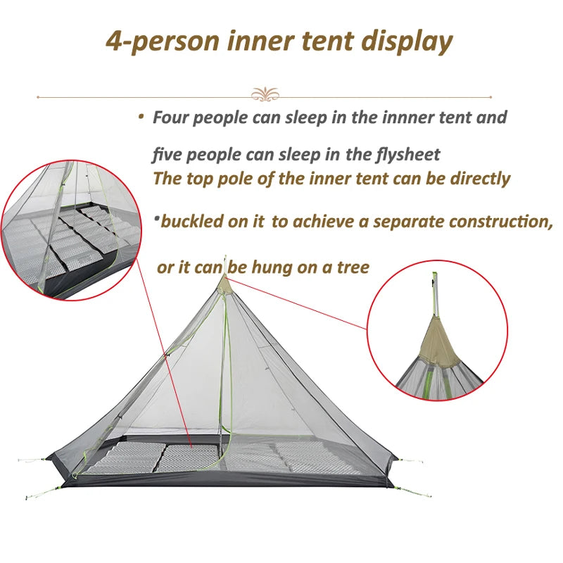 ASTA GEAR Track 5 Pyramid tent bushcraf lightweight 4-5 people outdoor hiking camping with snow skirt rainproof windproof tent
