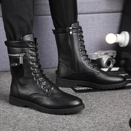 Brand  Boots Men Chain Mens Boots Skull Metal Buckle Lace Up Male Motorcycle Punk Boots Men's Shoes Rock 2019