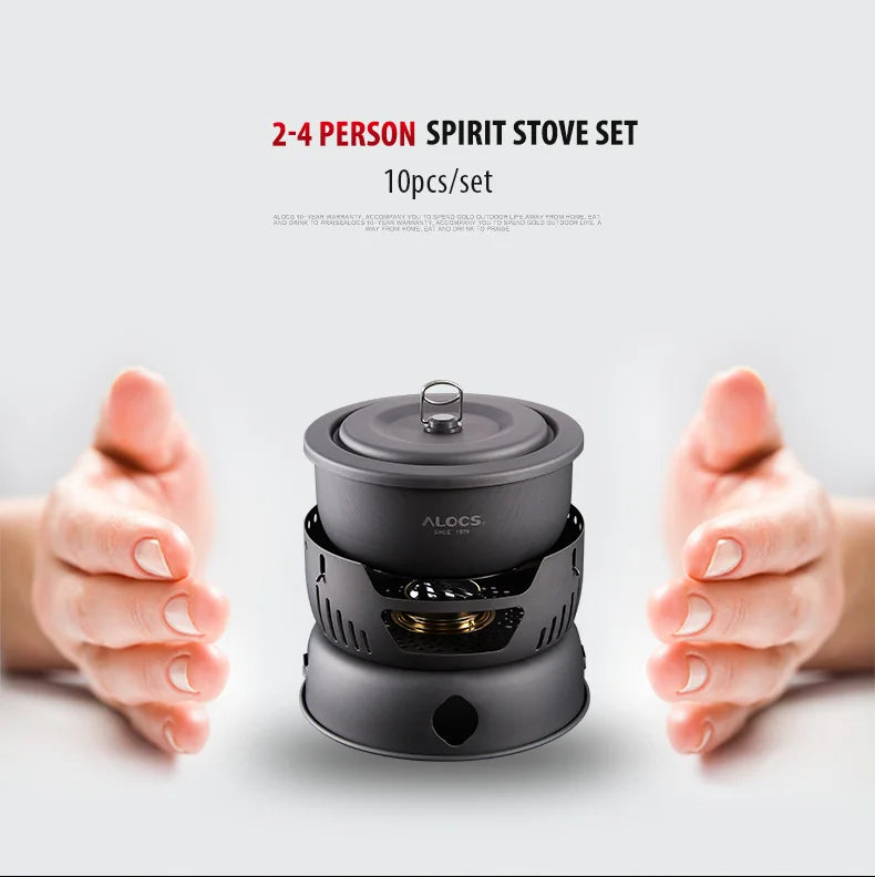 ALOCS CW-C05 Set of 10 Pieces Outdoor Camping Cooking Set Utensil Alcohol Stove Spirit Burner Cooker Pot Frying Pan Windshield