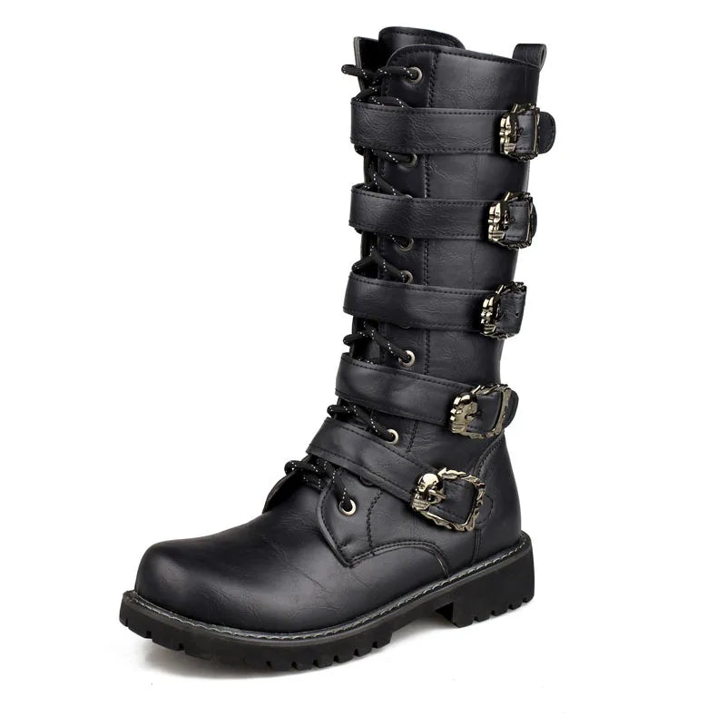 Men's PU Leather Motorcycle Boots High Over the Knee  Boots Gothic Belt Punk Boots Men Shoes Boot