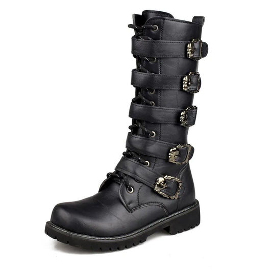 Men's PU Leather Motorcycle Boots High Over the Knee  Boots Gothic Belt Punk Boots Men Shoes Boot