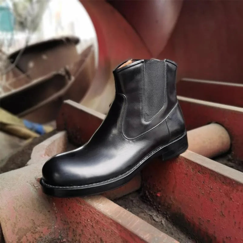 Classic Chelsea Boots Men Handmade Slip-On Round Toe Motorcycle Boots Cowhide Genuine Leather High Top Shoes Cowboy Boots