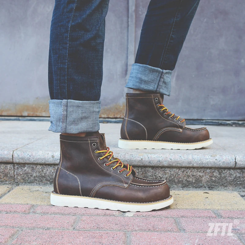 ZFTL Men's Ankle Boots American retro tooling boots Casual Crazy Horse Leather Men's Boots Vintage Man Lace up Boots 2025