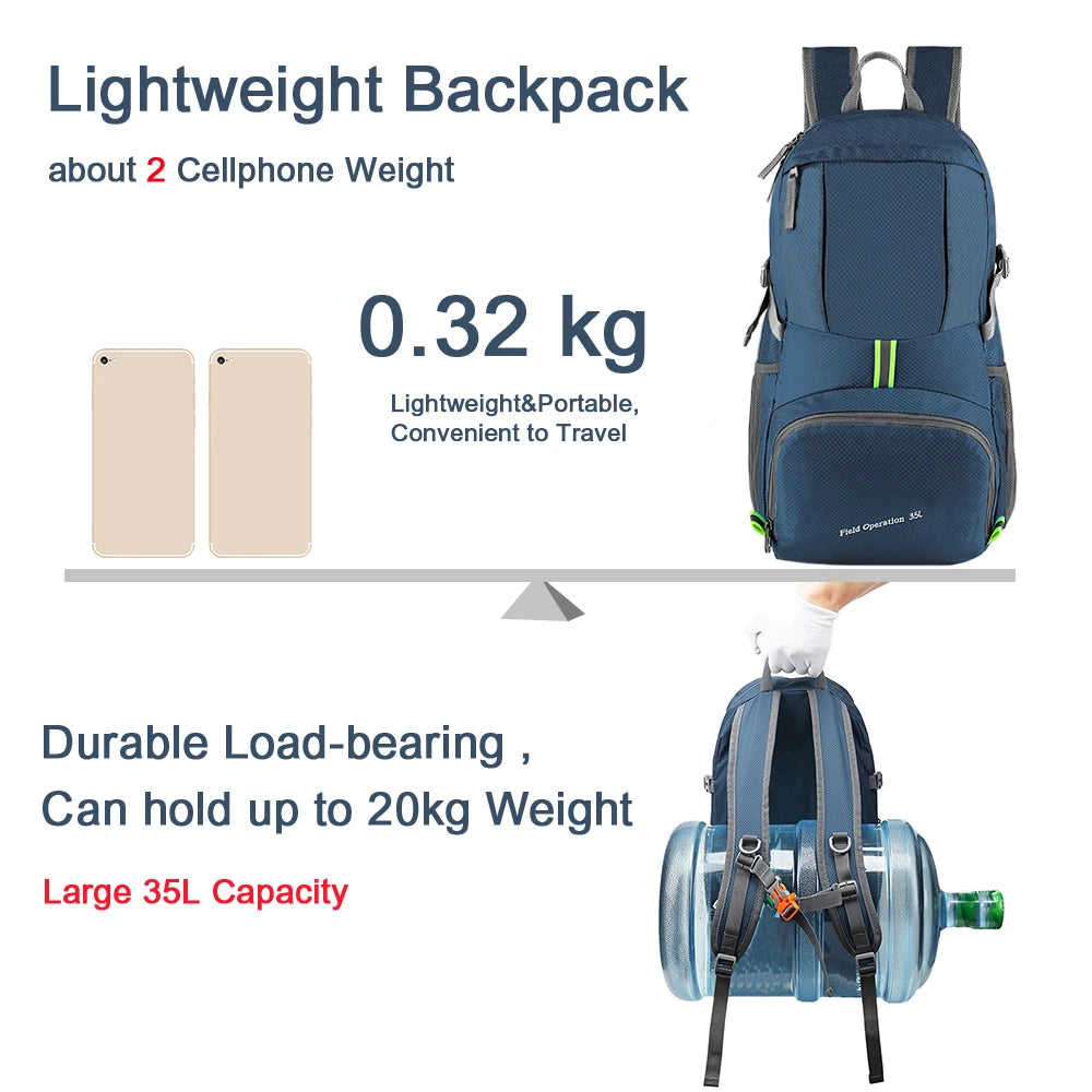 35L Outdoor Foldable Waterproof Backpack Lightweight Portable Daypack Bag Large  Hunting Camping Traveling Hiking Backpacks