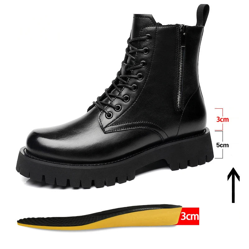 Men's Height Increasing Boots - 8CM Hidden Heel Leather Ankle Boots with Zipper | Elevator Shoes (Botas Masculino)