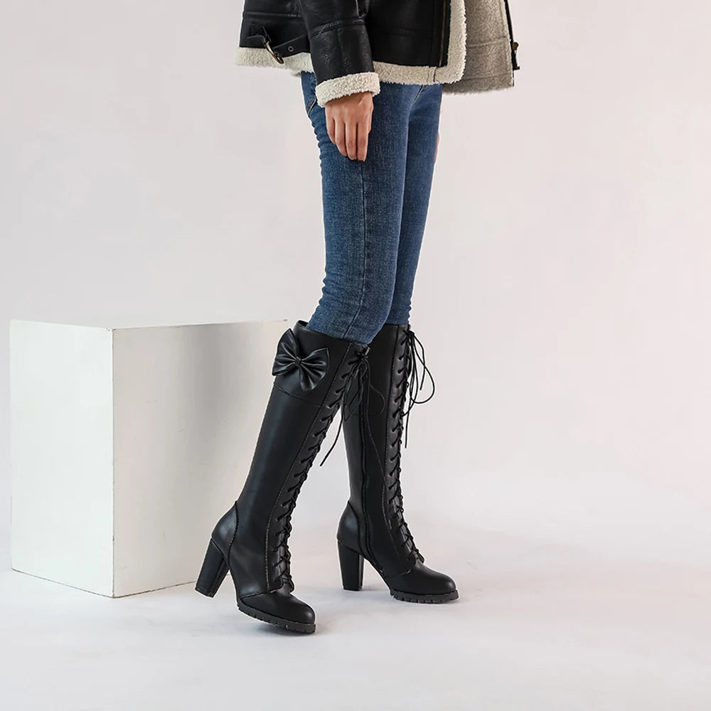 Winter Sweet Women Knee High Boots PU Leather Round Toe 7cm High Block Heels Bowtie Lace-up Lolita Lady Zipper Long Riding Boots
