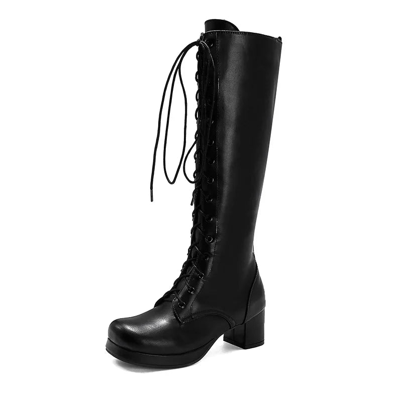 Gdgydh 2022 Autumn Lace-Up Women Motorcycle Boots Square To Low Heels Knee High Boots Winter Female Footwear Plus Large Size