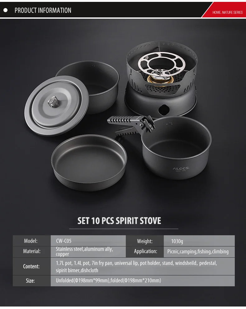 ALOCS CW-C05 Set of 10 Pieces Outdoor Camping Cooking Set Utensil Alcohol Stove Spirit Burner Cooker Pot Frying Pan Windshield