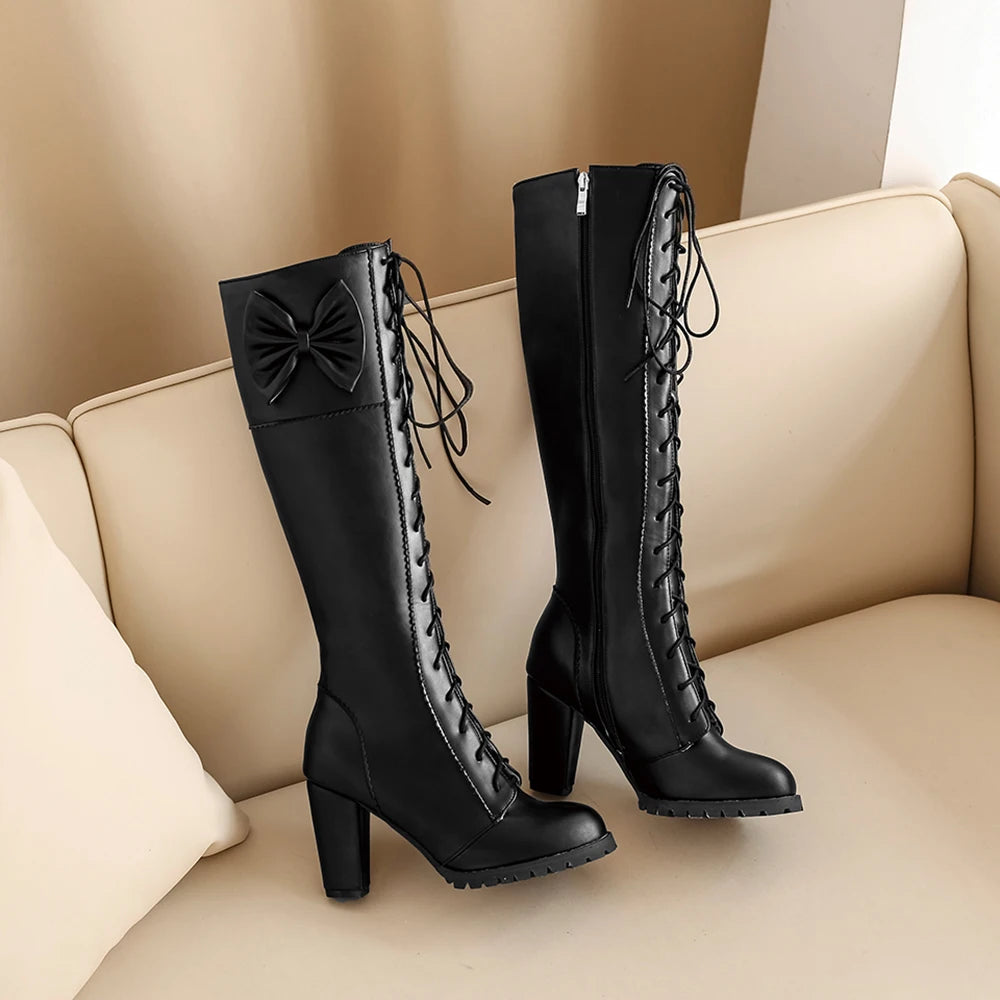 Winter Sweet Women Knee High Boots PU Leather Round Toe 7cm High Block Heels Bowtie Lace-up Lolita Lady Zipper Long Riding Boots