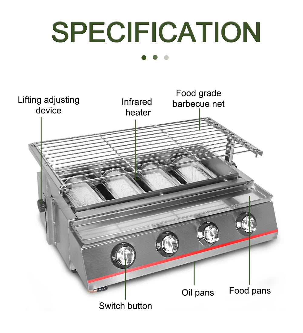 Smokeless LPG Grill 4 Burners Gas BBQ Stove Barbecue Tools For Outdoors Ceramic Burners With Stainless Steel or Glass Covers