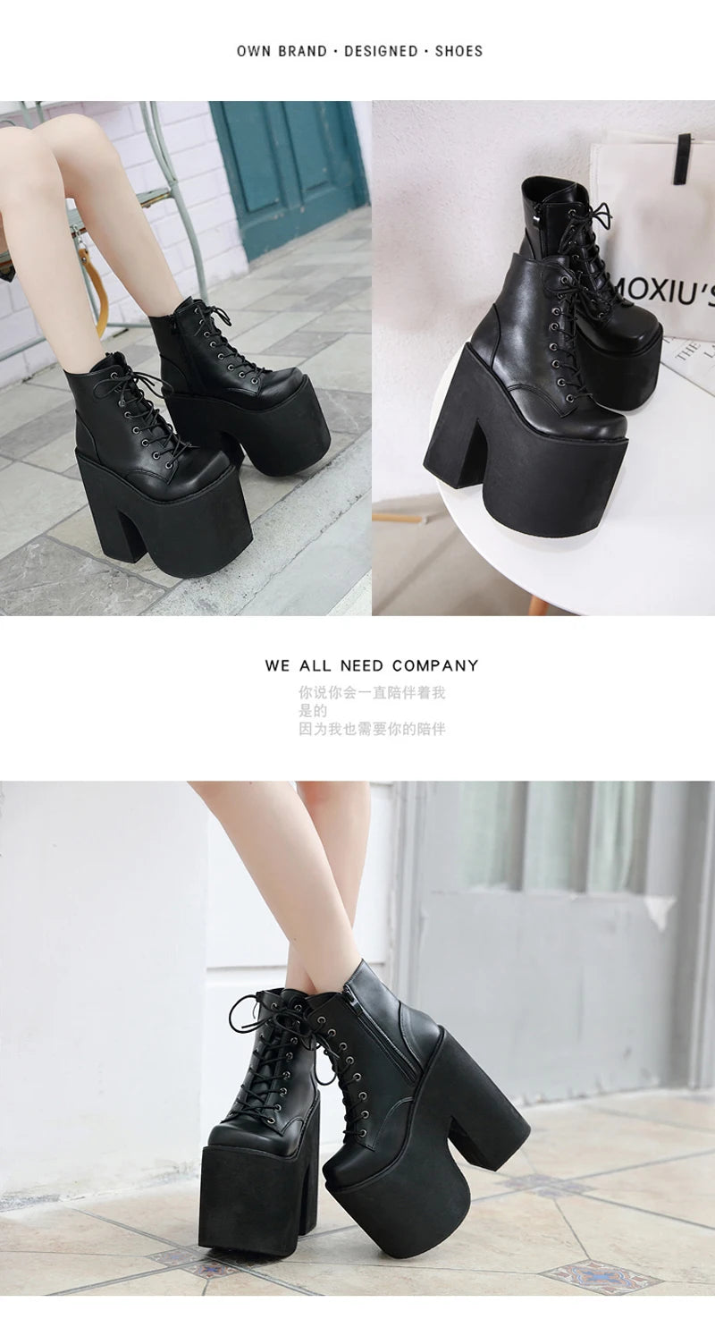 17cm Boots For Women Fashion Black Ankle Boots Punk Style Autumn Cosplay Shoes High Heels Goth Platform Boots Bottes Femme