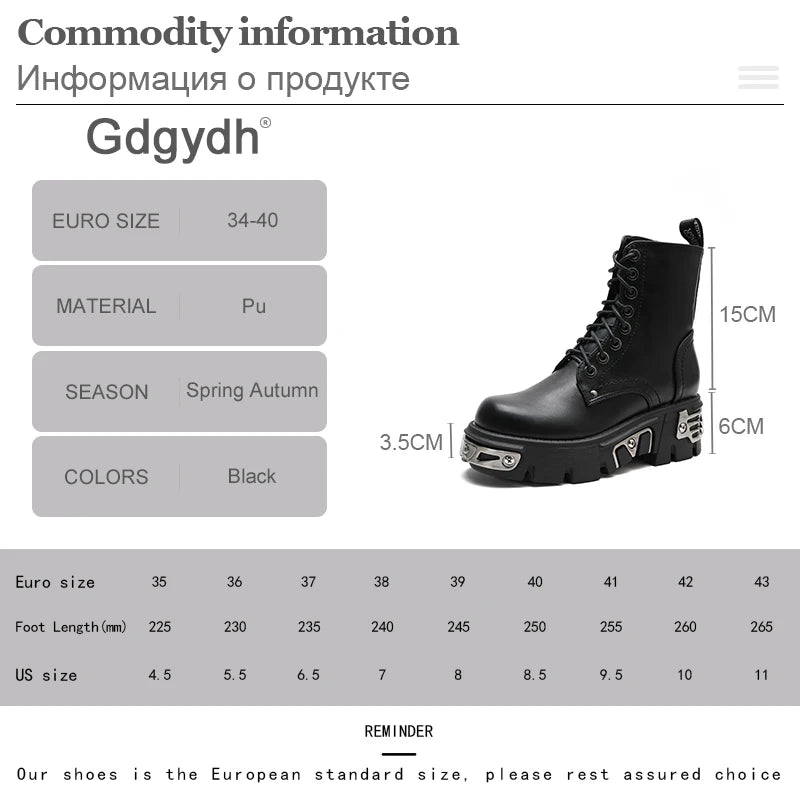 Gdgydh Darkness Punk Style Platform Women Ankle Boots Chunky Heel Black Metal Decor Women's Motorcycle Boots Lace UP Top Quality