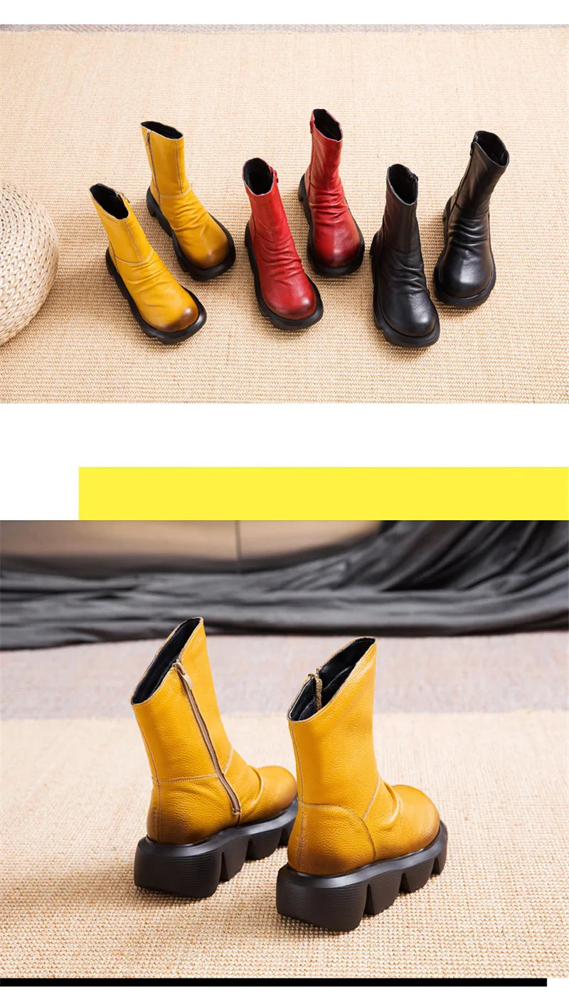 BEYARNE Ankle Boots Women Genuine Cow Leather Platform Bootie Side Zipper Soft Comfortable Autumn Winter Ladies Shoes Handmade