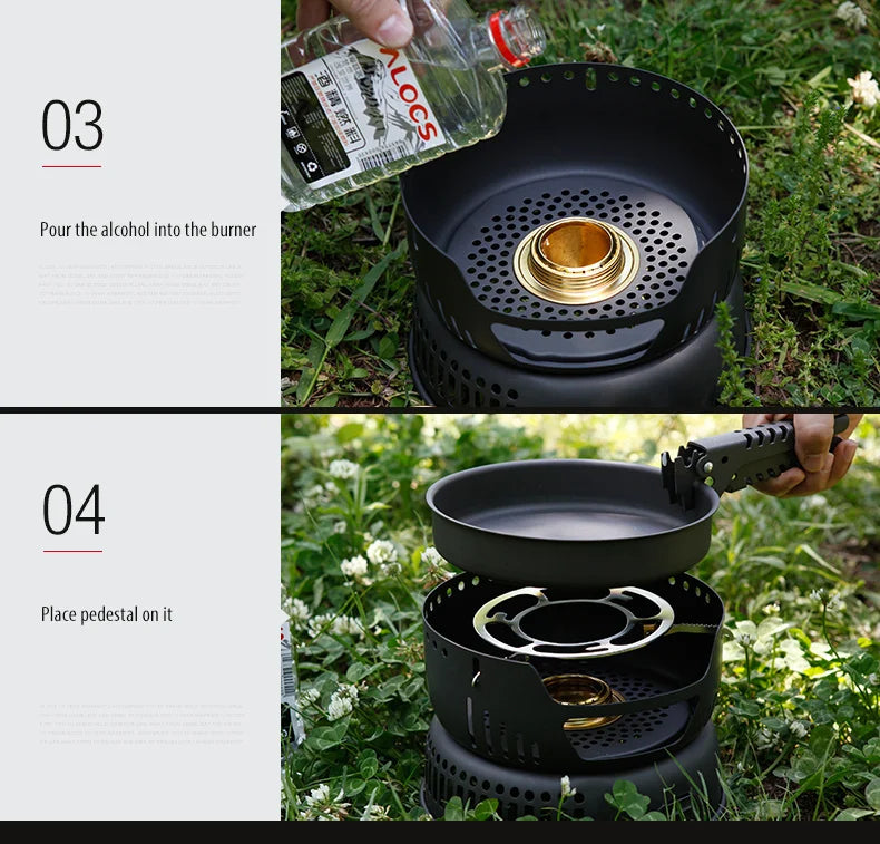 ALOCS CW-C05 Set of 10 Pieces Outdoor Camping Cooking Set Utensil Alcohol Stove Spirit Burner Cooker Pot Frying Pan Windshield