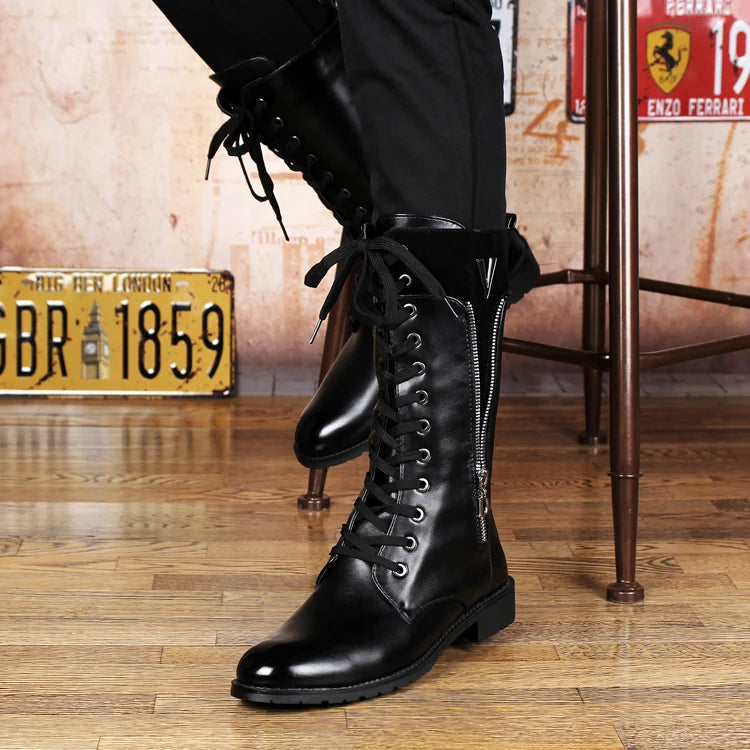 British fashion motorcycle boots for men genuine leather shoes cowboy high boot lace-up long botas masculinas zapatos de hombre