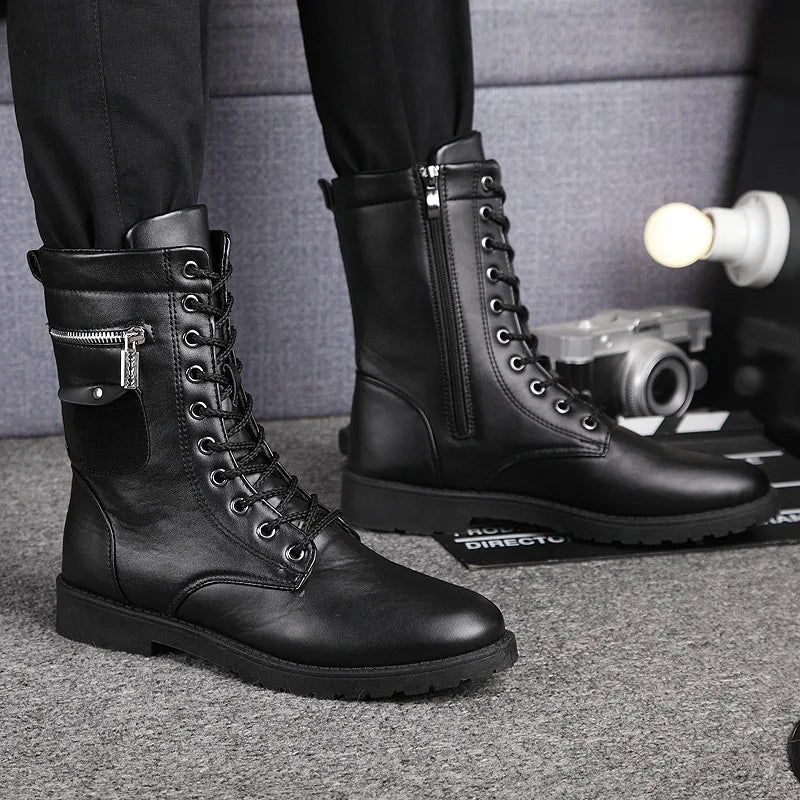 Brand  Boots Men Chain Mens Boots Skull Metal Buckle Lace Up Male Motorcycle Punk Boots Men's Shoes Rock 2019