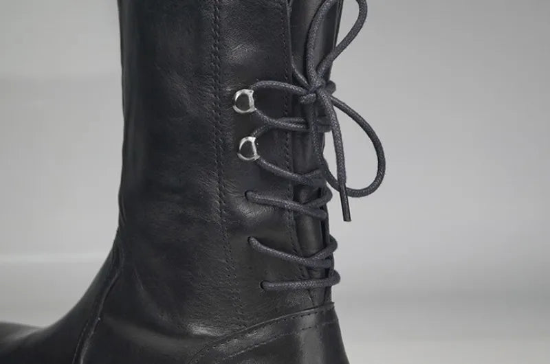 Gothic Mens Thick Platform Mid Calf Boots High Top Lace Up Genuine Leather Motorcycle Boots Zipper Punk Knight Boots Biker Shoes