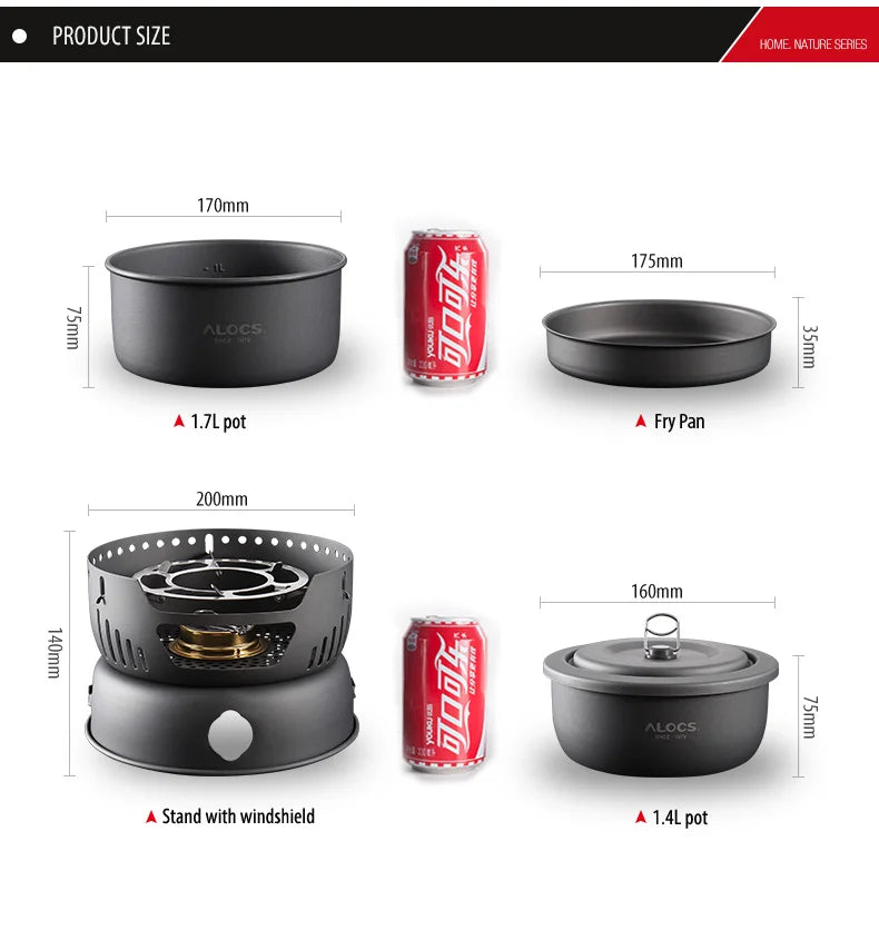 ALOCS CW-C05 Set of 10 Pieces Outdoor Camping Cooking Set Utensil Alcohol Stove Spirit Burner Cooker Pot Frying Pan Windshield