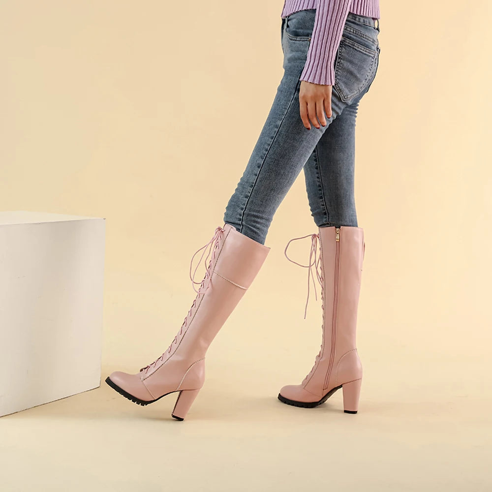 Winter Sweet Women Knee High Boots PU Leather Round Toe 7cm High Block Heels Bowtie Lace-up Lolita Lady Zipper Long Riding Boots