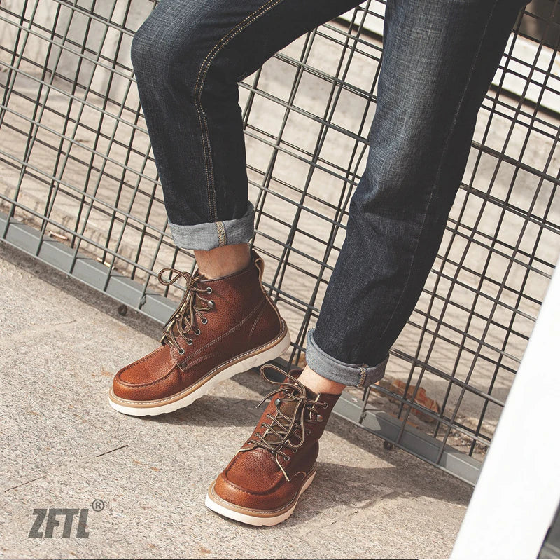 ZFTL Men's Boots Cowhide Thick-soled boots retro British Outdoor Tooling shoes Ankle Boots Male Casual Lace up boots 2025