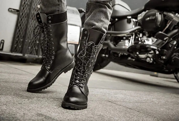Men's PU Leather Motorcycle Boots High Over the Knee  Boots Gothic Belt Punk Boots Men Shoes Boot