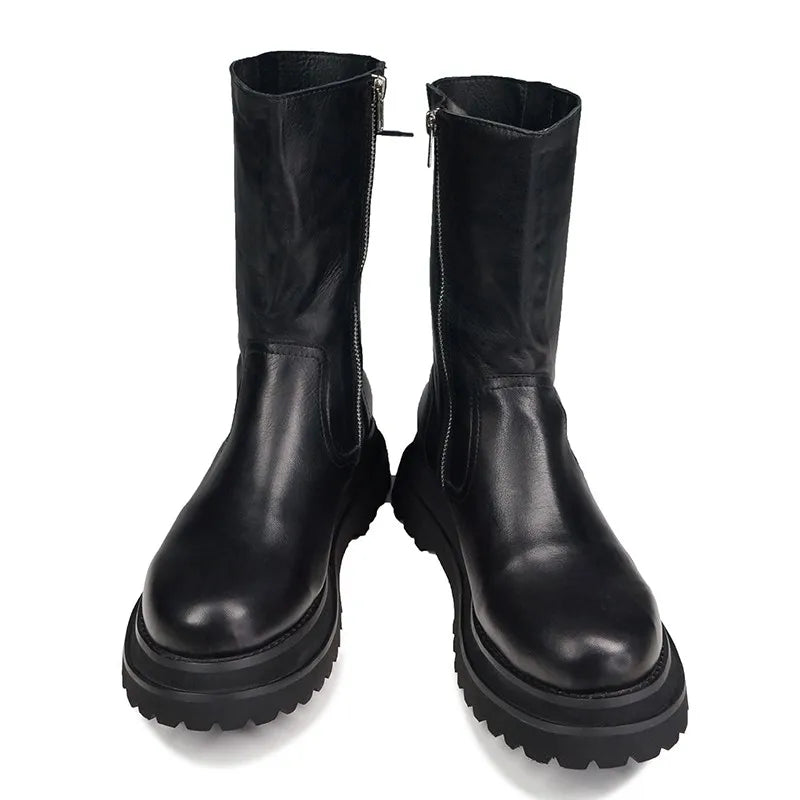 Gothic Mens Thick Platform Mid Calf Boots High Top Lace Up Genuine Leather Motorcycle Boots Zipper Punk Knight Boots Biker Shoes