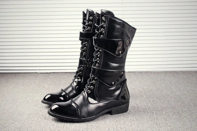 British style mens fashion party nightclub motorcycle boots black genuine leather shoes personality high boot long botas hombre