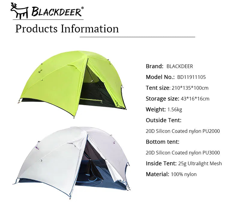 BLACKDEER 2 Person Ultralight Tent 20D Nylon Silicone Coated Fabric Waterproof Tourist Backpacking Outdoor Camping 1.47 Kg