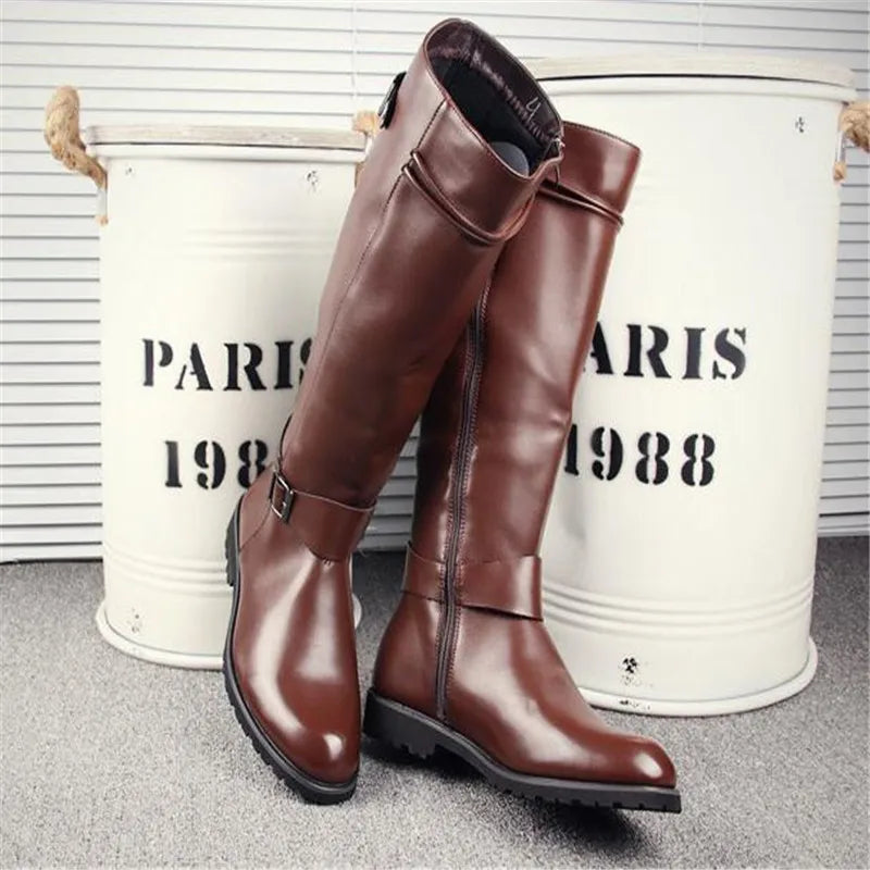 Leather Boots Fur High Top Casual Shoes Men Male Boots over the knee Botas Brand Motorcycle Boots