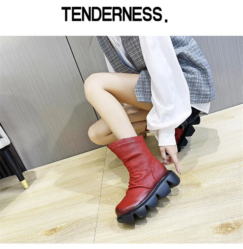 BEYARNE Ankle Boots Women Genuine Cow Leather Platform Bootie Side Zipper Soft Comfortable Autumn Winter Ladies Shoes Handmade