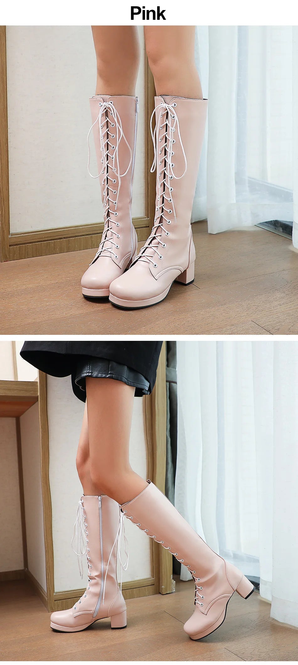 Gdgydh 2022 Autumn Lace-Up Women Motorcycle Boots Square To Low Heels Knee High Boots Winter Female Footwear Plus Large Size