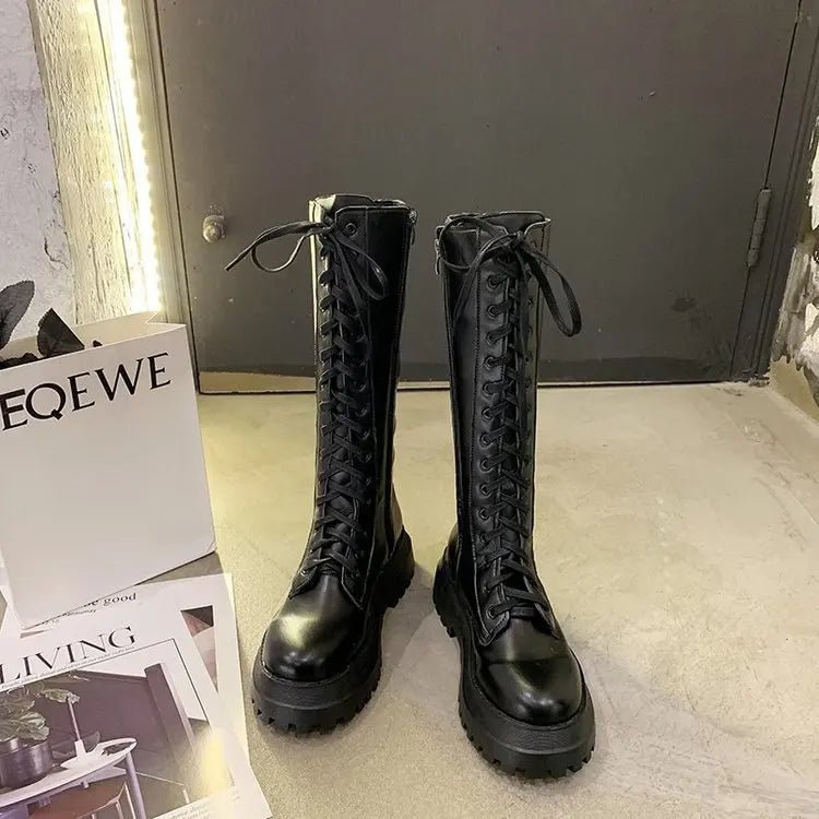 Women Motorcycle Boots Wedges Flat Shoes Woman High Heel Platform PU Leather Boots Lace Up Women Shoes Black Boots Girls2021